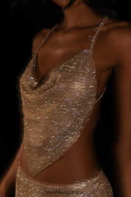 Meshki Argentina | Meshki Top halter con cuello desbocado y strass Daphne 06482X785 oro