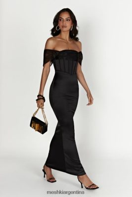 Meshki Argentina | Meshki vestido largo de satén de organza con hombros descubiertos everly 06482X430 negro