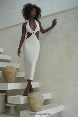 Meshki Argentina | Meshki vestido midi con abertura y cuello halter de natalie 06482X720 hueso