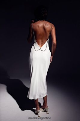 Meshki Argentina | Meshki vestido midi rasta con cuello desbocado y tirantes de strass 06482X534 blanco